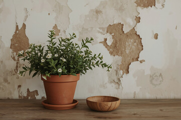 Rustic still life with terracotta pot green foliage white flowers wooden bowl and aged textured wall