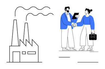 Businesspeople shaking hands, one holding a clipboard, with a factory emitting smoke in the backdrop. Ideal for collaboration, industrial partnerships, business agreements, professional