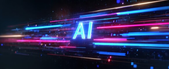 The AI glowing neon core with futuristic digital motion blur and vibrant light trails