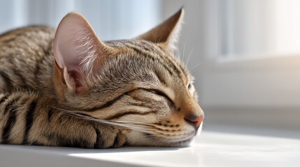 Sleepy Tabby Cat Relaxing on Windowsill in Soft Natural Light with Peaceful Expression