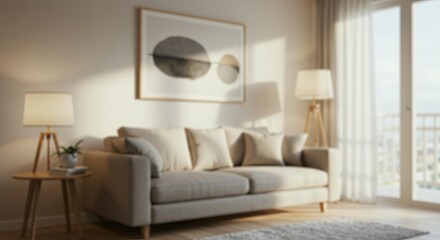 Blurred contemporary living room with light gray sofa, circular abstract wall art, tripod lamps, and bright window creating serene interior atmosphere