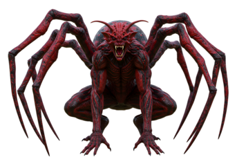Alien Creature with Demonic Features and Multiple Spindly Legs in a Dark Setting
