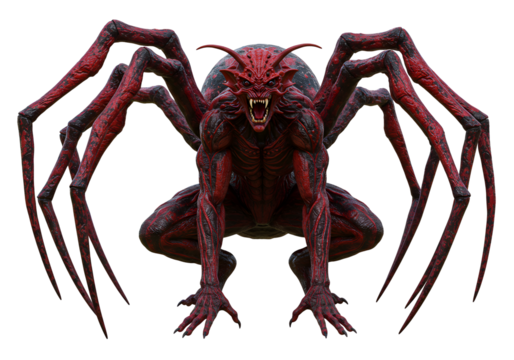 Alien Creature with Demonic Features and Multiple Spindly Legs in a Dark Setting