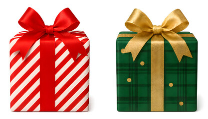 Two Christmas boxes with red and white stripes and green plaid
