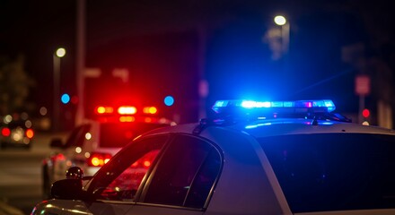 Police patrol car emergency roof lights flashing during active law enforcement response on city street at night