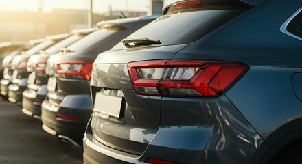 Row of new cars lined up at dealership lot with visible taillights and temporary license plates in sunlight