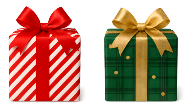 Two Christmas boxes with red and white stripes and green plaid