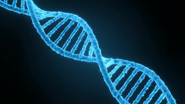 Slow orbit of a glowing DNA helix straightening and brightening against a dark gradient, hinting at future-facing anti-aging science