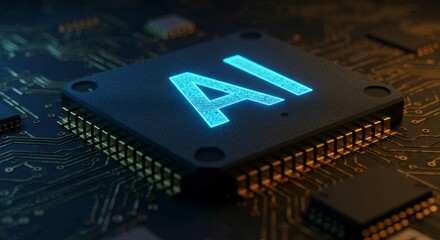 Cyan blue illuminated AI processor chip on circuit board showing artificial intelligence neural network technology for advanced computing and data processing