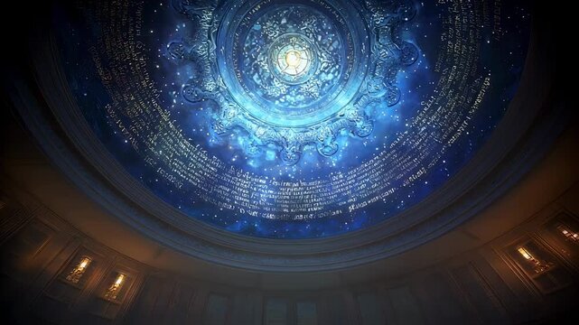Clear medium shot centered on luminous 360 dome planetarium ceiling artwork portraying cosmic scriptures with the dimly lit prayer hall fading softly out of focus around the edges.