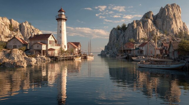 Serene Coastal Village with Lighthouse at Golden Hour