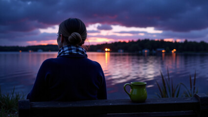 Lilac evening by the lake with blonde woman in scarf