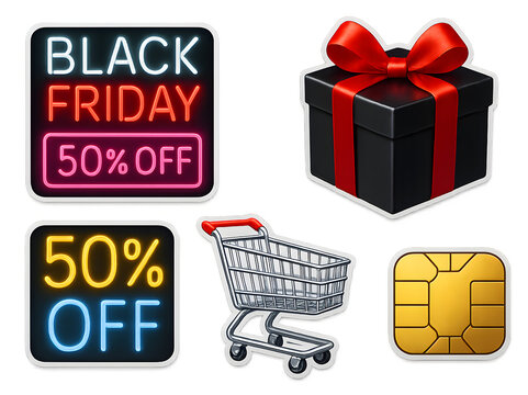 A collection of stickers with a black friday sign, a shopping cart, a box