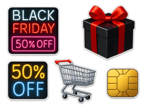 A collection of stickers with a black friday sign, a shopping cart, a box