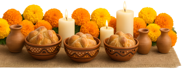 A table with three bowls of food and three candles