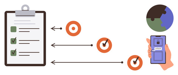 Checklist with completed tasks, arrows linking to target goals, hand holding a smartphone unlocking, and globe graphic. Ideal for productivity, workflow, goal tracking, leadership, strategy