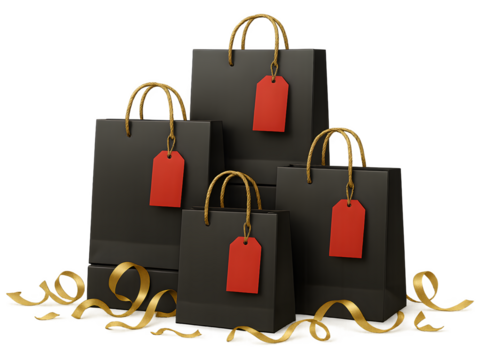 A stack of black shopping bags with red tags on them
