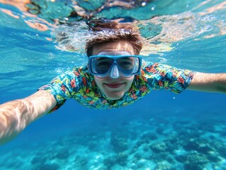 Naklejka premium A young man in a colorful shirt swims underwater, wearing a diving mask, taking a selfie in the clear blue water.