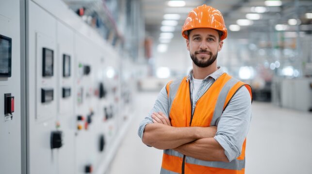 Man in orange vest and hardhat, arms crossed, in front of control panel, confident engineer in factory setting.