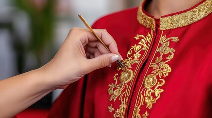 Intricate Embroidery on Red Garment with Hand Holding Brush in Traditional Textile Craft