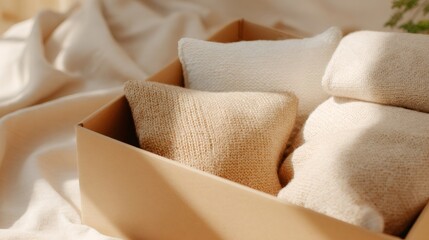 Beige knitted cushion in cardboard box. Concept of moving and relocation issue, new house. Cozy household items for home decor.