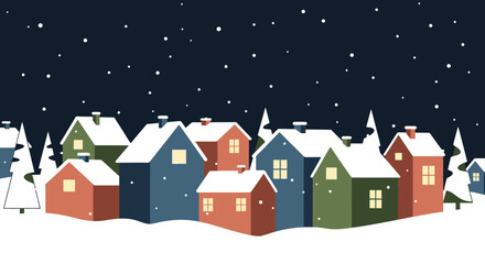 Fototapeta premium Winter Village Vector Illustration with Snow Covered Houses and Trees in Flat Style Holiday Background Scene