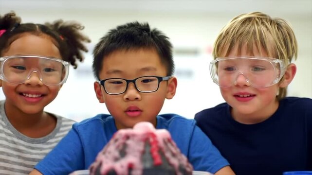 Excited children watching a volcano science experiment erupt in class.