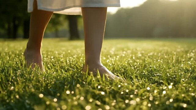 Low tracking shot of barefoot steps onto soft green grass in the morning light, a serene grounding ritual for calm energy and balance