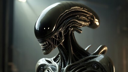 Menacing Xenomorph Profile: Hyperrealistic Bust with Gleaming Carapace