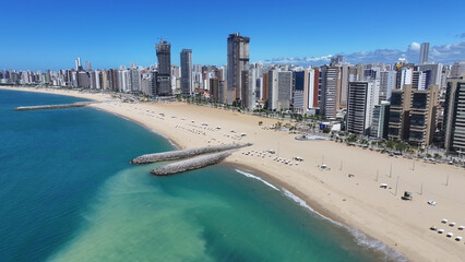Beira Mar Beach At Fortaleza In Ceara Brazil. Beach Landscape. Downtown District. Scenic Highrise Buildings. Beira Mar Beach At Fortaleza In Ceara Brazil. Stunning Skyline. Brazil Northeastern. © bydronevideos