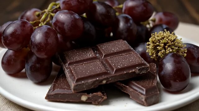 Macro pan across grapes and dark chocolate on a wooden plate, jewel-like textures celebrating antioxidant richness and elegant moderation
