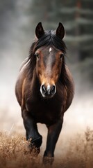 Obraz premium Majestic horse running through misty landscape in early morning light