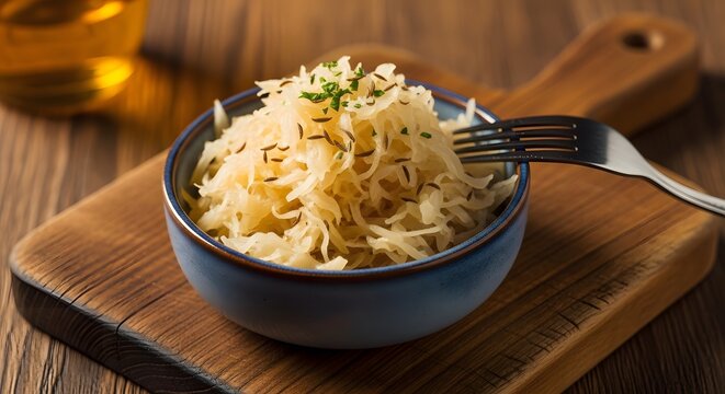 A blue bowl of fresh sauerkraut with caraway seeds and herbs, served on a wooden board with a fork. - Powered by Adobe