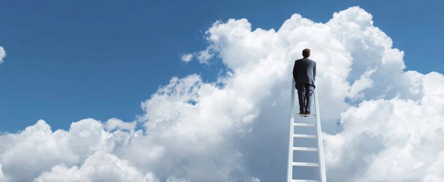 The businessman on a ladder climbing into clouds representing ambition and success