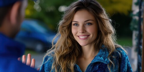 Smiling woman greets delivery person at door during autumn afternoon in suburban neighborhood