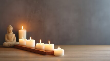 Serenity and Calmness with Buddha Statue and Burning Candles on Wooden Table Surface
