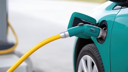 Close Up of Green Fuel Pump Inserted into Vehicle at Modern Gas Station with Blurred Background