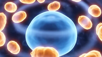 Scientific 3D zoom on a dividing cell as brighter mitochondria energize each phase, visualizing repair, turnover, and rejuvenation pathways