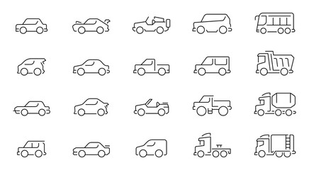 Car vector icons collection. Thin line icons related to vehicles and cars. Car shapes vector icons in line style.