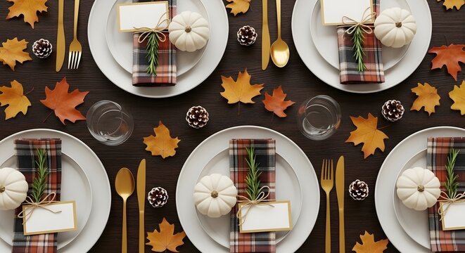 Overhead view of a beautifully set Thanksgiving table with place settings, mini pumpkins, and autumn leaves, ready for a festive meal. - Powered by Adobe