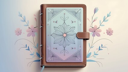 Elegant leather journal with delicate floral art and pastel background inspires creativity and organization
