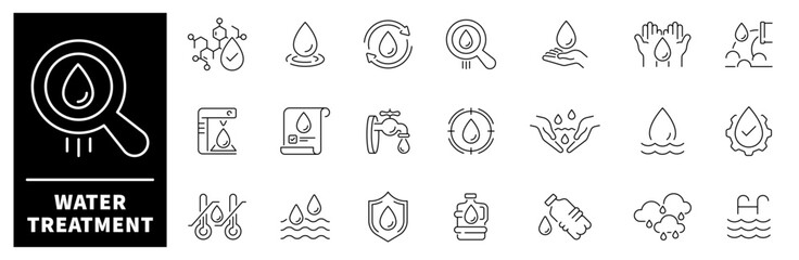 Water treatment vector icons in line style. Water treatment outline icon set. Water related icons.