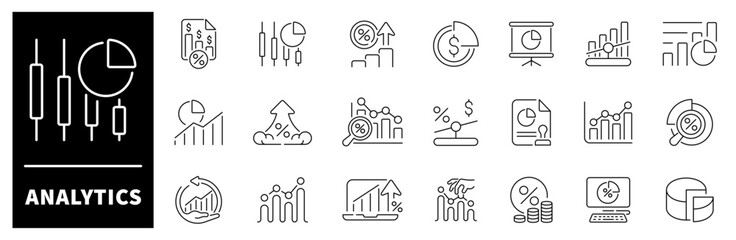 Analytics vector icons in line style. Analytics icons set. Outline data icons.
