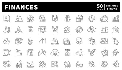 Finances vector icons in line style. Finance and money icons set. Outline finance and money icons collection.