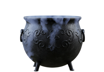 Ancient ritual black cauldron with swirling smoke and ornate carvings on a dark background