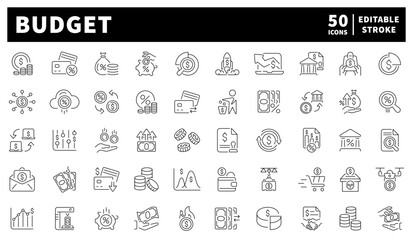 Budget vector icons in line style. Budget icons set. Money icons collection