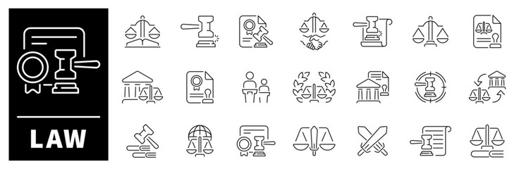Law vector icons in line style. Law symbols set. Outline law and justice icons