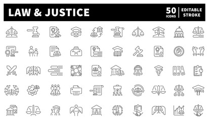 Law and justice vector icons in line style. Law and justice symbols set