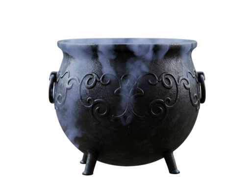 Ancient ritual black cauldron with swirling smoke and ornate carvings on a dark background