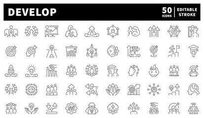Develop vector icons in line style. Development icons set. Outline progress icons